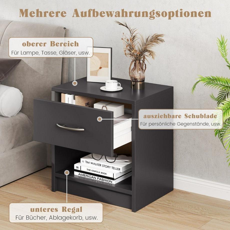 Northix Comodino con cassetto Tavolino con vano a giorno 38,5 x 28 x 40,5 cm Grigio  