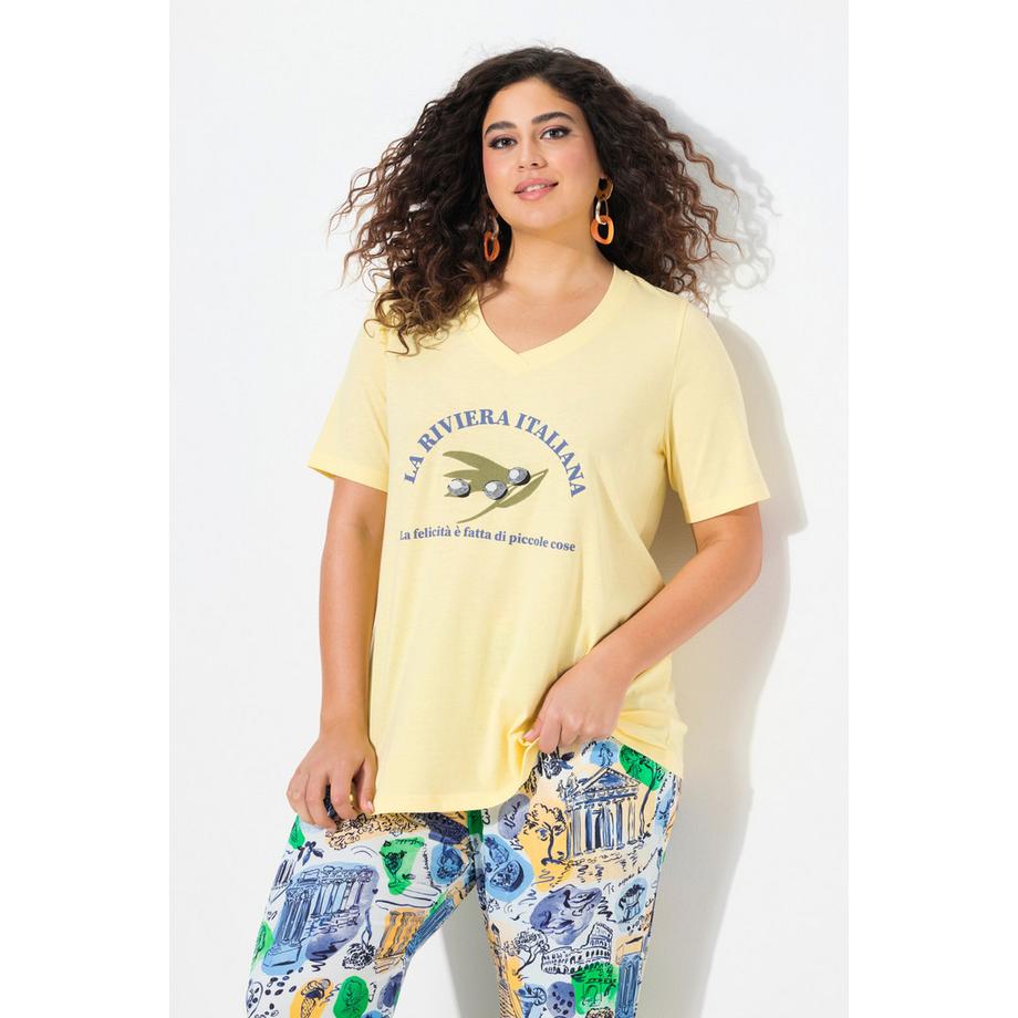 Ulla Popken T-shirt brodé coupe A-line encolure en V manches courtes  