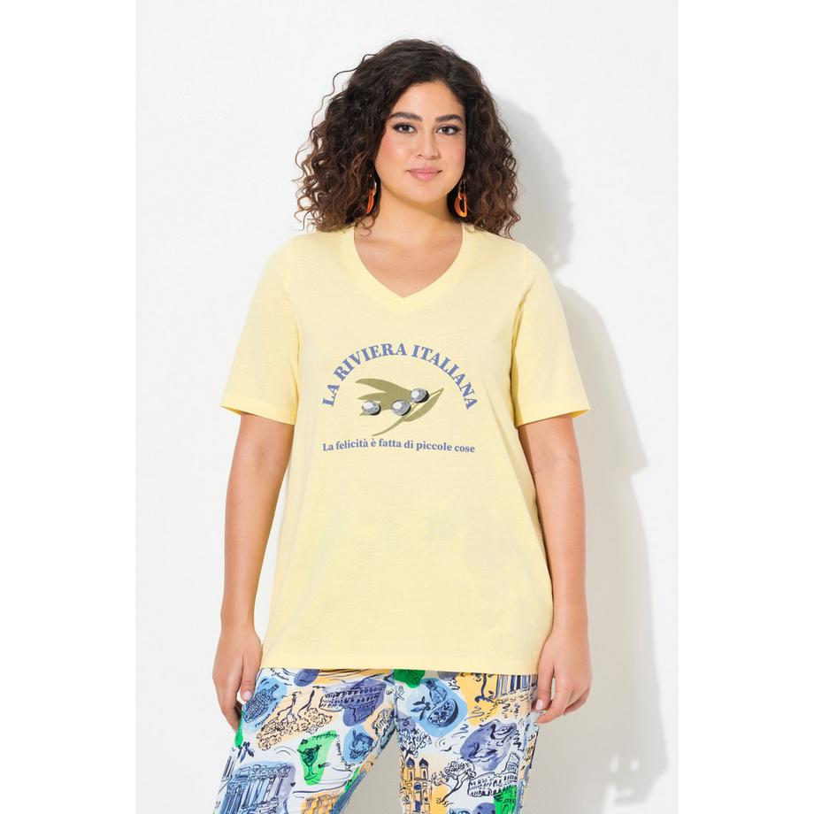 Ulla Popken T-shirt brodé coupe A-line encolure en V manches courtes  