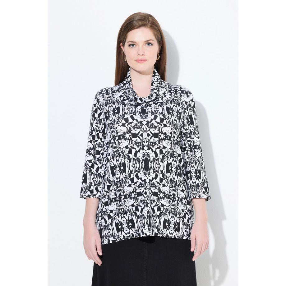 Ulla Popken Classic Katzen Print Wasserfallkragen 3/4 Arm Shirt  