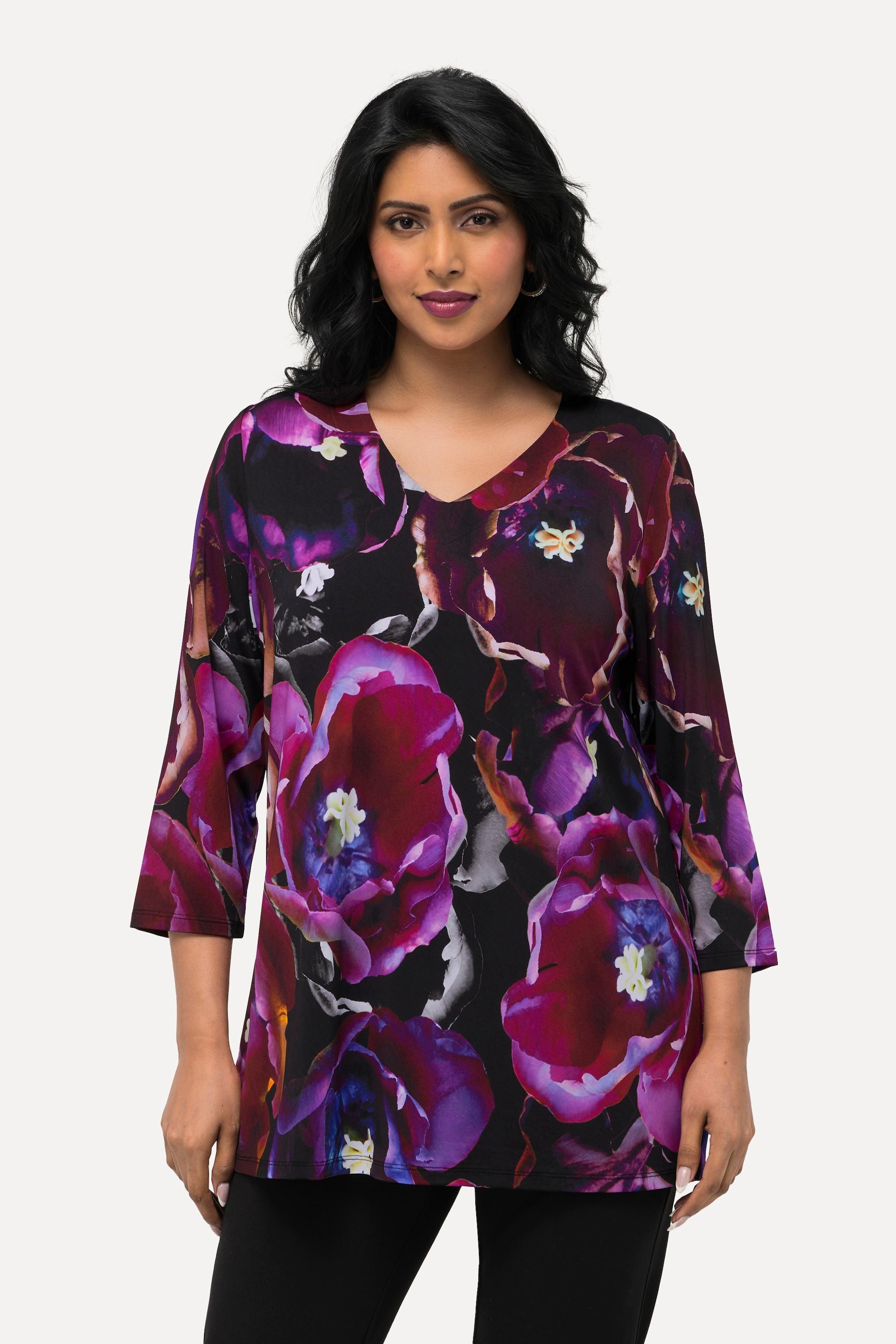 Ulla Popken  Slinkyshirt, Tulpen, V-Ausschnitt, 3/4-Arm 