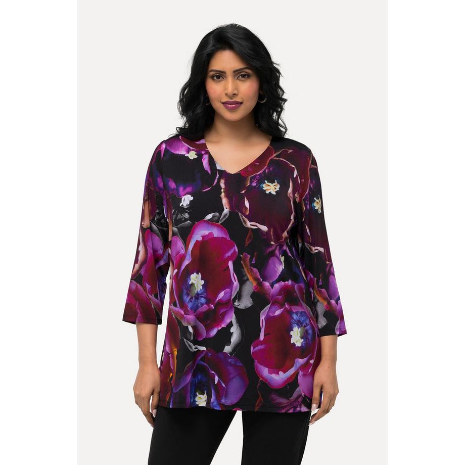 Ulla Popken Slinkyshirt Tulpen V-Ausschnitt 3/4-Arm  