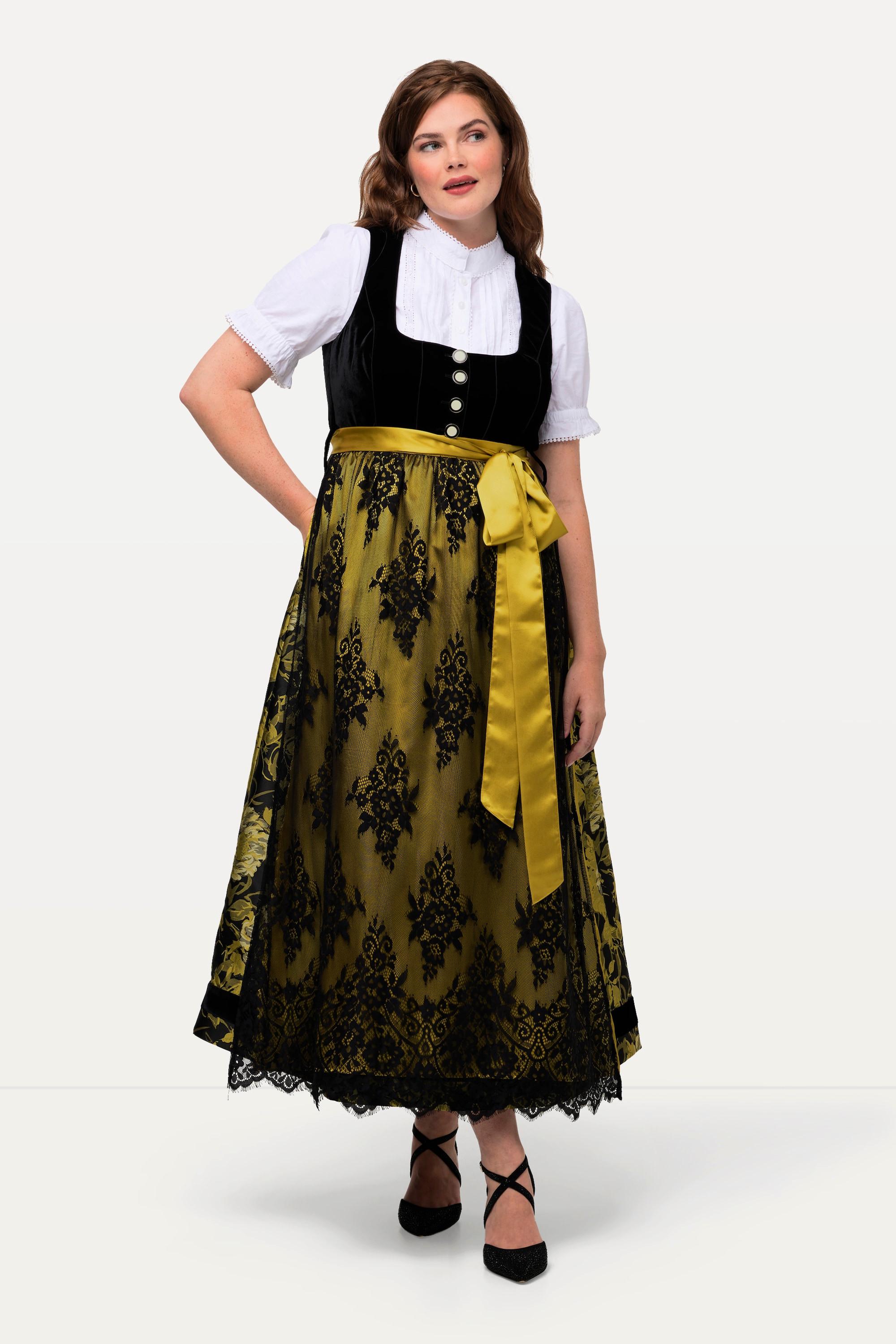 Ulla Popken  Tradizionale abito smanicato Dirndl con top di velluto, gonna in Jacquard e scollo rettangolare 