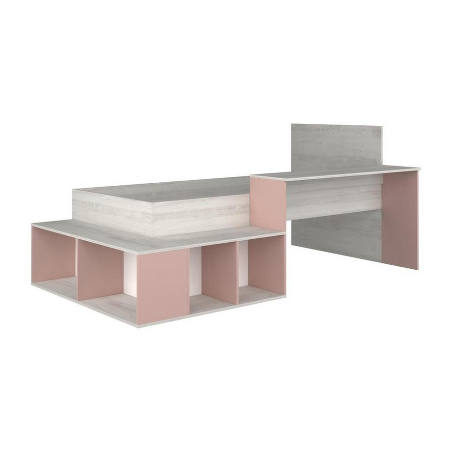 Lit combiné 90 x 200 cm avec rangements et bureau - Coloris : Naturel et  Rose - RIGALI