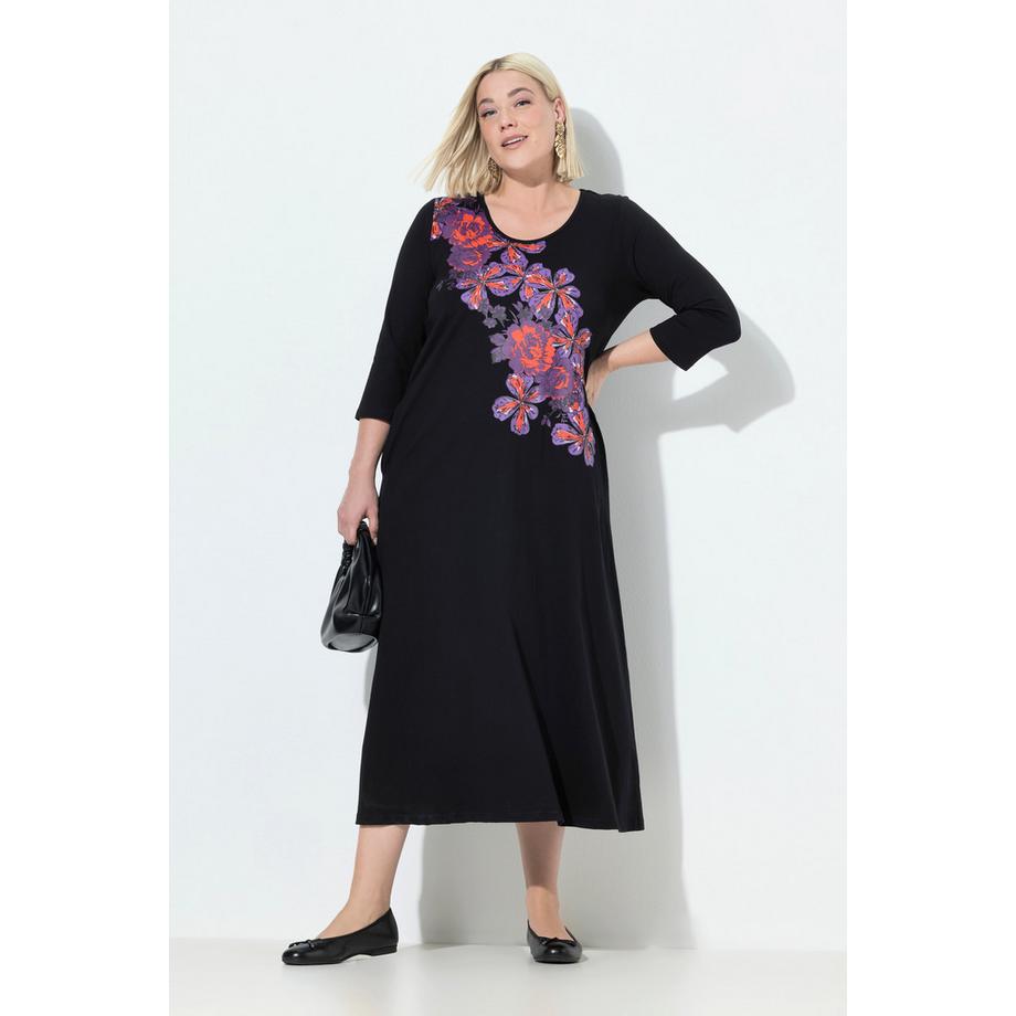 Ulla Popken Robe en Jersey Motif à Fleurs Col Rond Manches 3/4 Coupe Évasée  