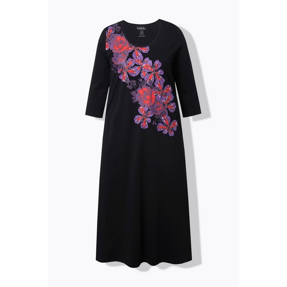 Ulla Popken Robe en Jersey Motif à Fleurs Col Rond Manches 3/4 Coupe Évasée  