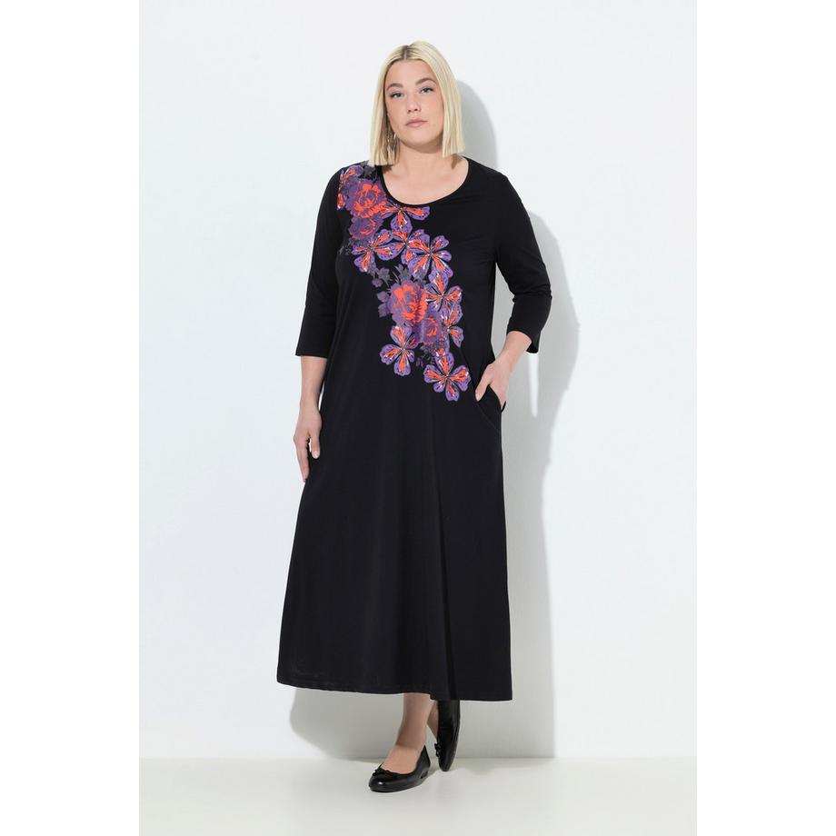 Ulla Popken Robe en Jersey Motif à Fleurs Col Rond Manches 3/4 Coupe Évasée  
