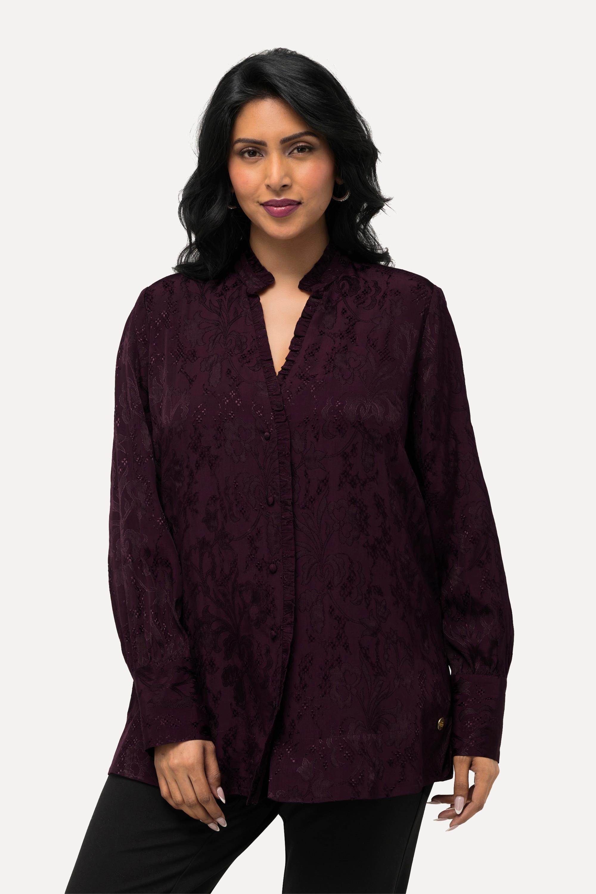 Ulla Popken  Blusa in jacquard con ruche, scollo a V e maniche lunghe 