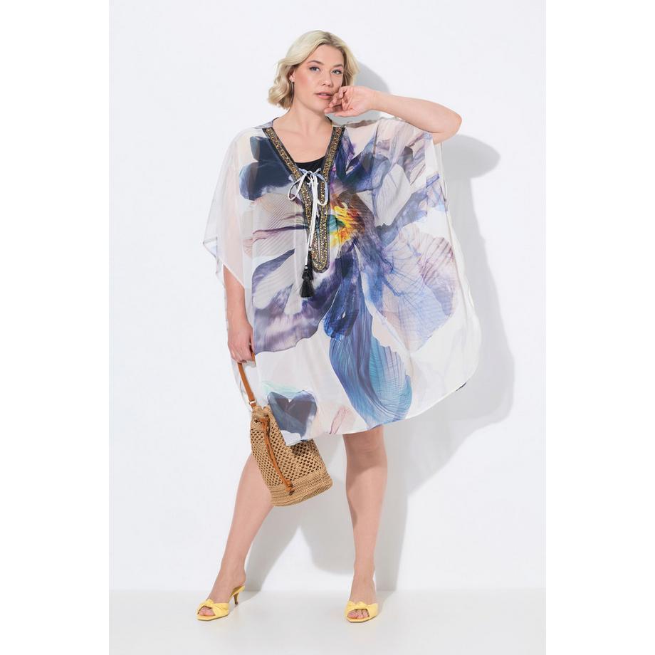 Ulla Popken Tunique Fleurs Décolleté en V Laçage Manches Courtes  