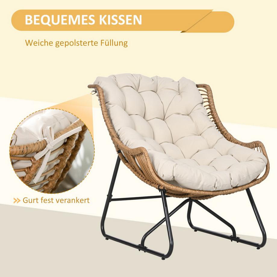 Northio Chaise En Rotin, Chaise De Jardin Avec Coussin D'Assise Épais, Chaise En Rotin Avec Capacité De Charge Jusqu'À 120 Kg Pour Balcon, Terrasse, Acier, Kaki, 75 X 101 X 90 Cm  