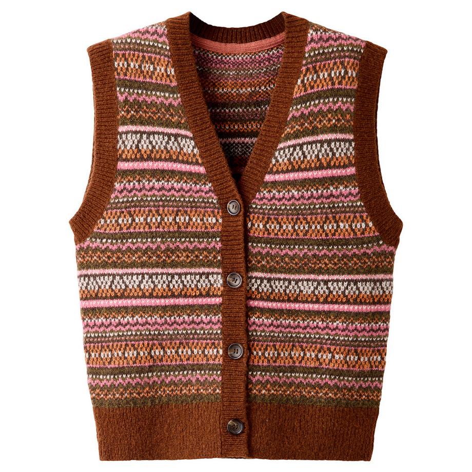 Joe Browns Pull Sans Manches en Maille Jacquard Fair Isle Boutonné Jours d'Automne  