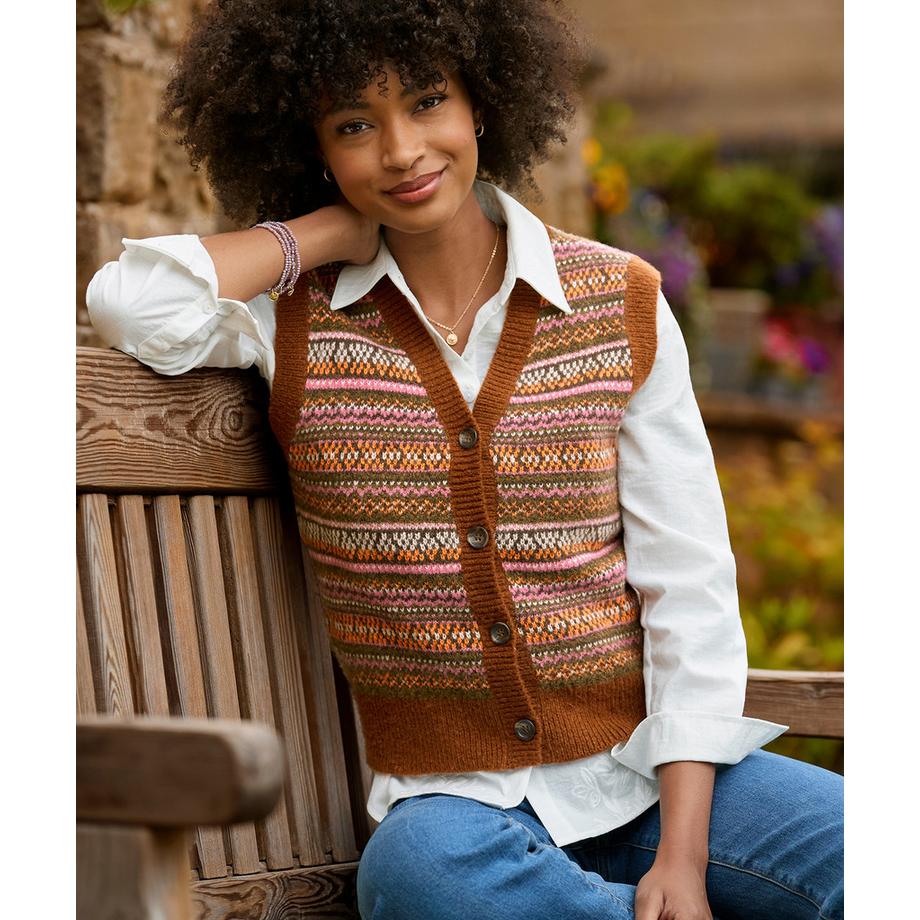 Joe Browns Pull Sans Manches en Maille Jacquard Fair Isle Boutonné Jours d'Automne  