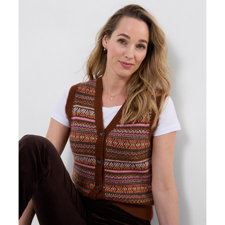 Joe Browns Pull Sans Manches en Maille Jacquard Fair Isle Boutonné Jours d'Automne  