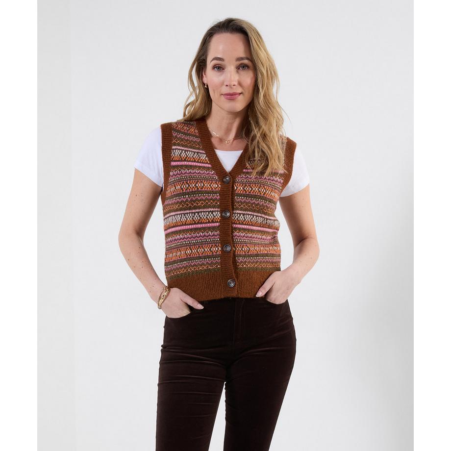 Pull Sans Manches en Maille Jacquard Fair Isle Boutonné Jours d'Automne