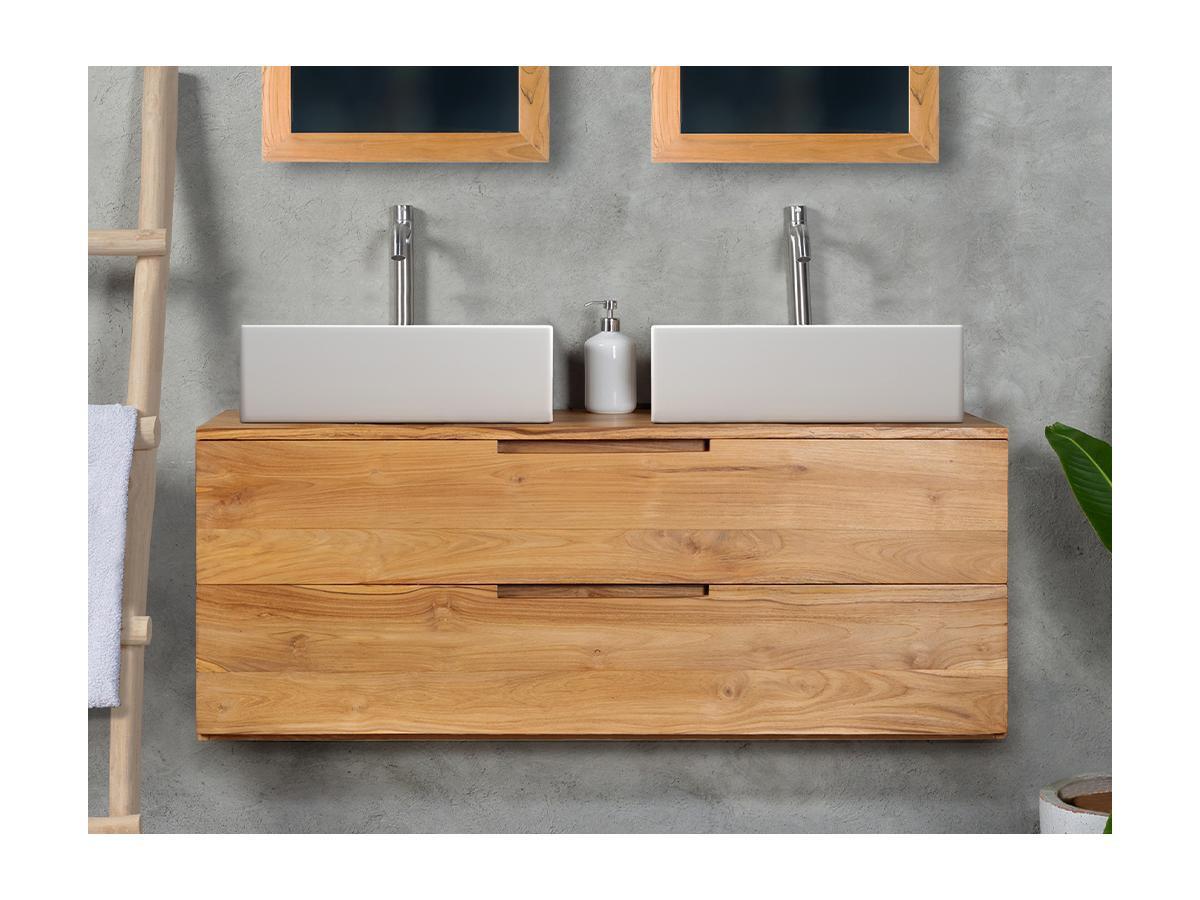 Vente-unique Mobili per bagno sospeso con lavabo doppio 2 cassetti 115 cm in Teak chiaro - BIMBING  
