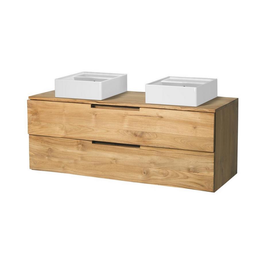 Waschbeckenunterschrank hängend mit 2 Schubladen & Doppelwaschbecken - Helles Teakholz - 115 cm - BIMBING