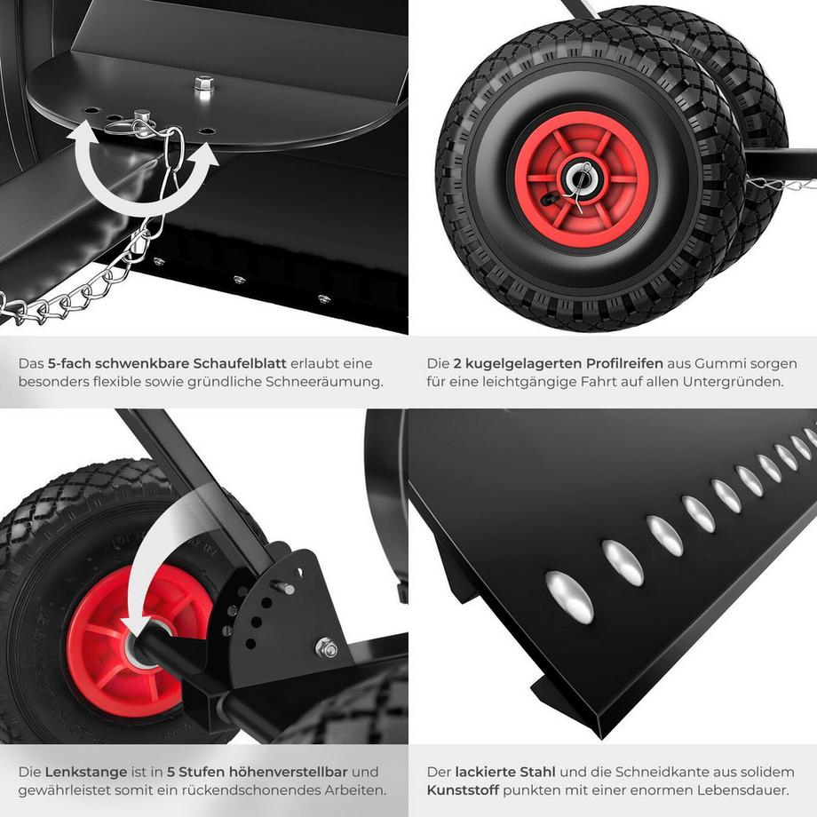 Tectake  Schneeschaufel auf Rädern Muttler 5-fach höhenverstellbar luftgefüllte, kugelgelagerte Profilreifen 