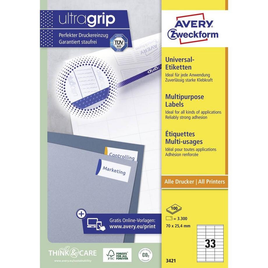 Avery-Zweckform ETIQUETTES universelles avec ultra-grip, 70 x 25.4 mm, jet d'encre, laser couleur, laser s/W  