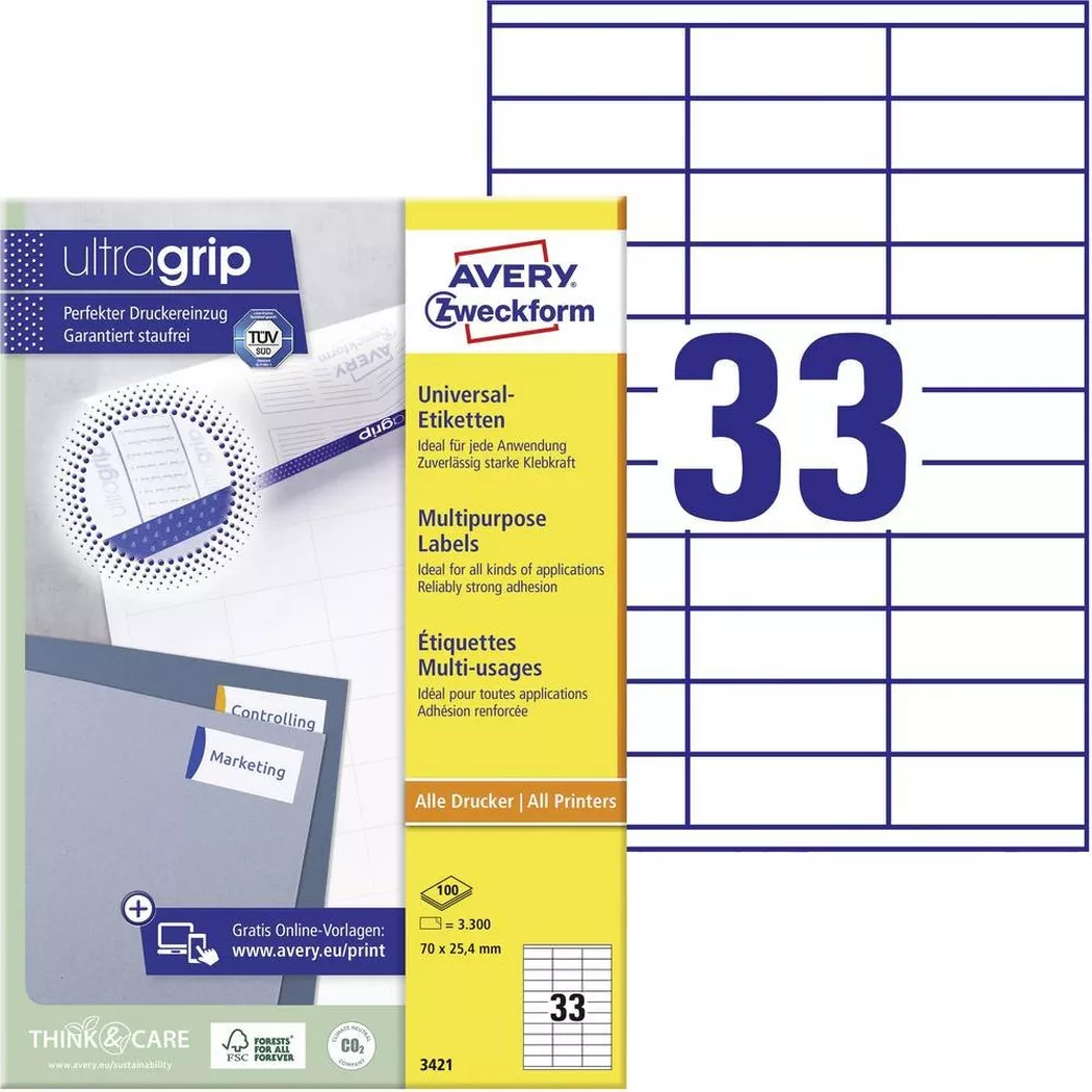 Avery-Zweckform – AVERY ZWECKFORM Universal-Etiketten 70×25,4mm, 3300 Stk., One Size, Weiss