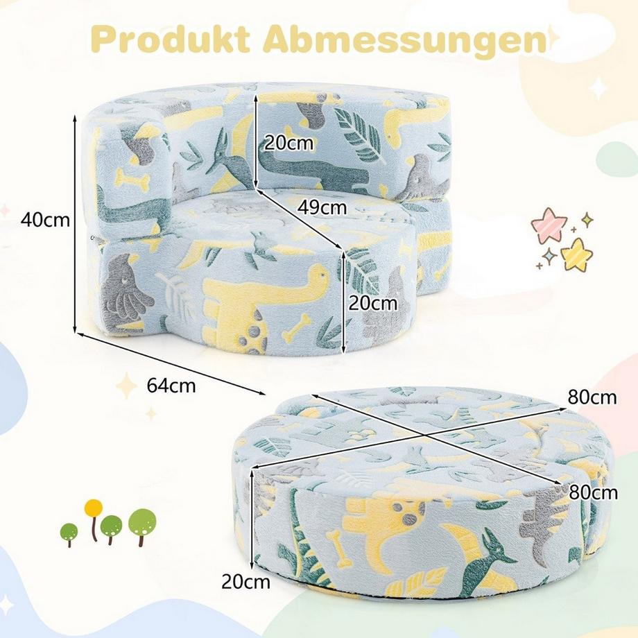 Northio 2 in 1 Kindersofa rund Spielsofa im Dunkeln Leuchtend Kindercouch gepolstert mit abnehmbarem Bezug Blau  