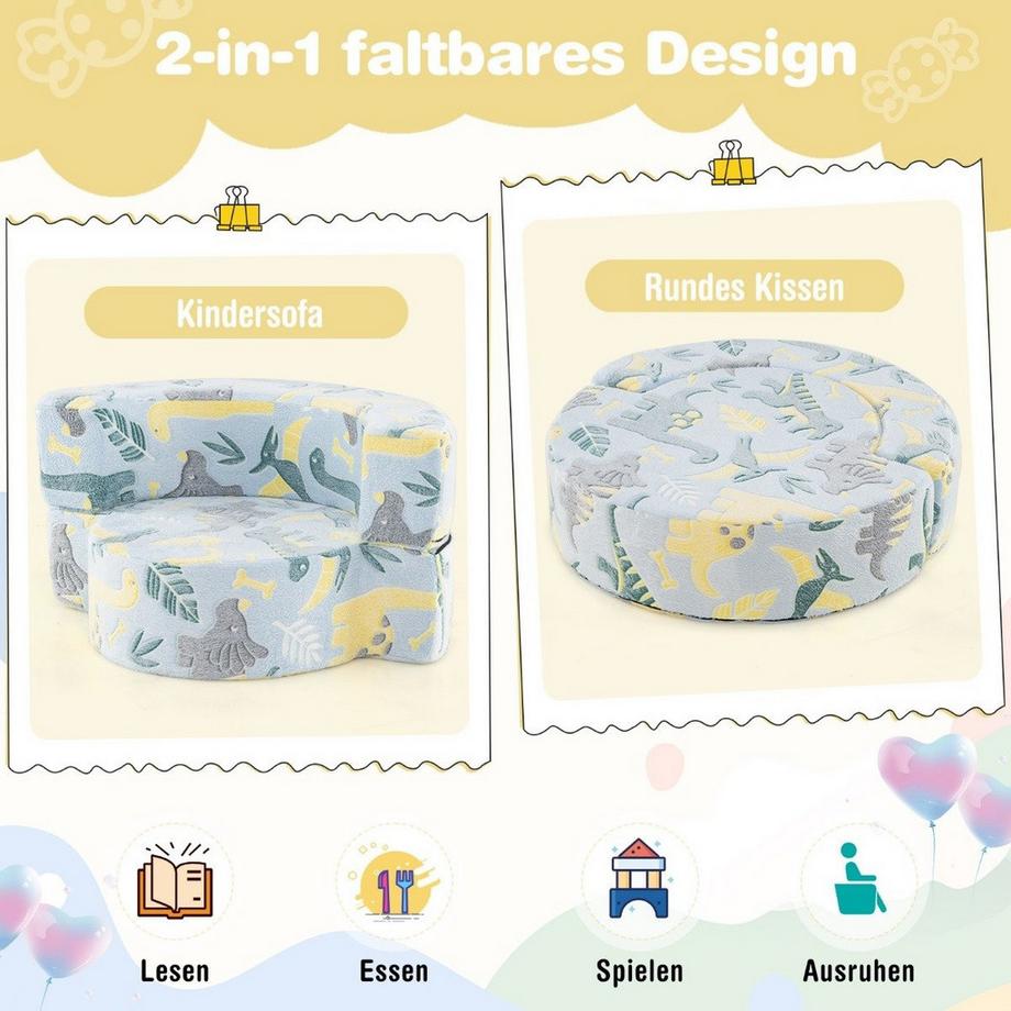 2 in 1 Kindersofa rund Spielsofa im Dunkeln Leuchtend Kindercouch gepolstert mit abnehmbarem Bezug Blau
