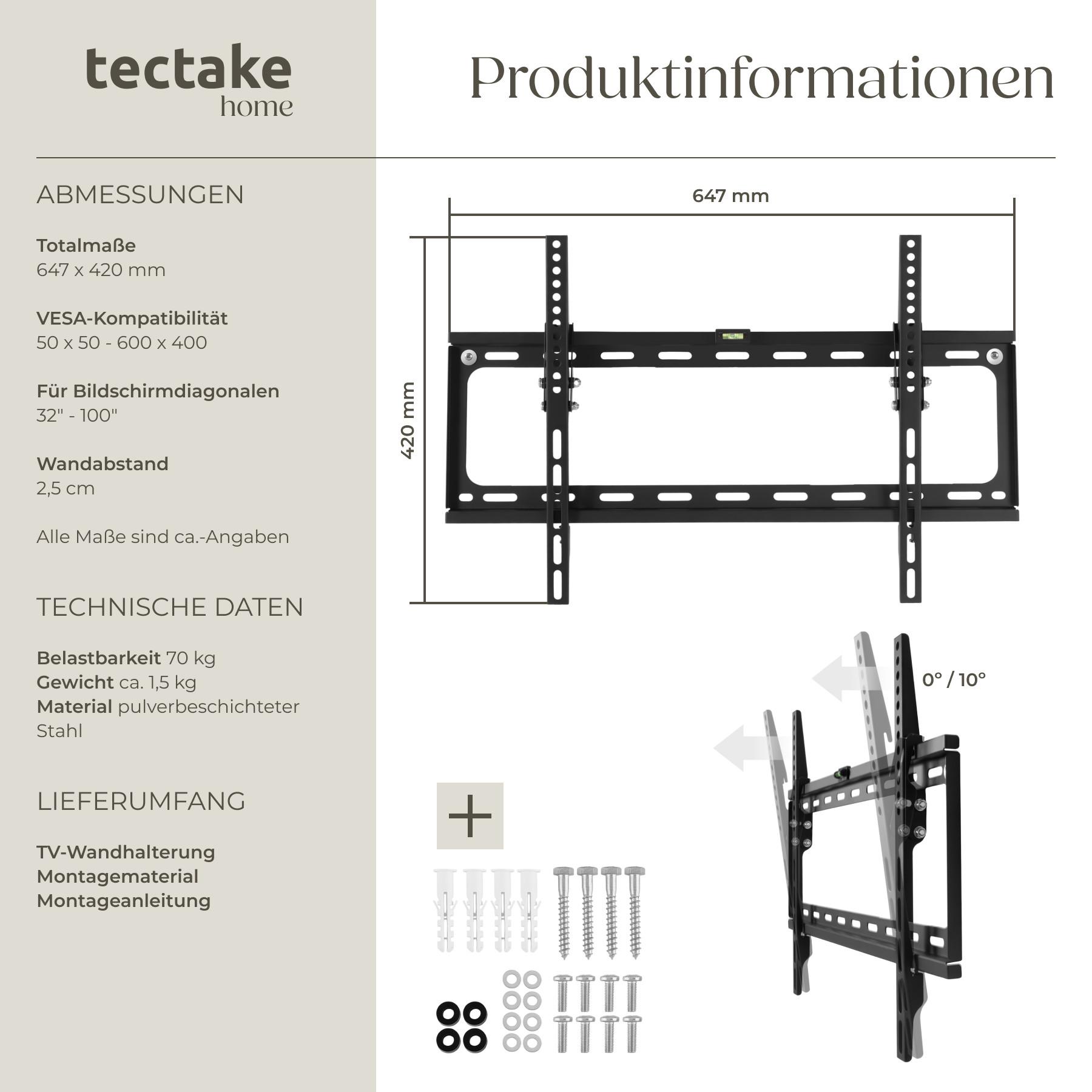 Tectake  TV Wandhalterung neigbar für 32" (81cm) - 100" (254cm), VESA max.: 600x400, bis 70kg 