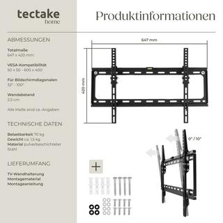 Tectake  Support mural TV 32"- 100" inclinable, VESA max.: 600x400, max. 70kg 