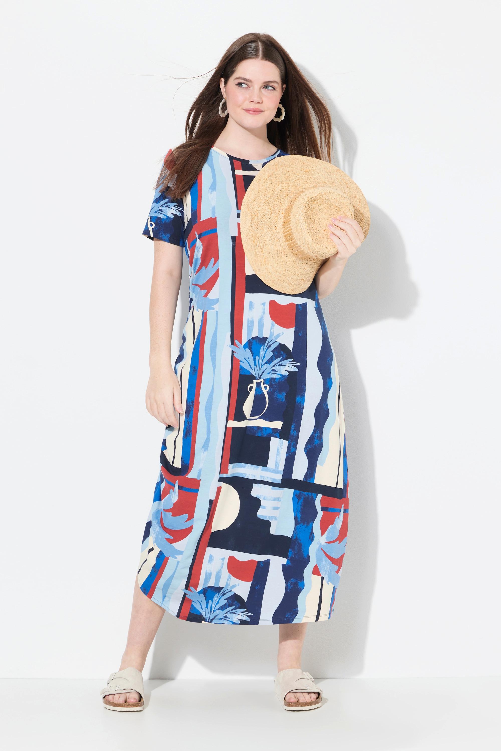 Ulla Popken Maxi Abito Stampa Vasi Girocollo Mezza Manica  