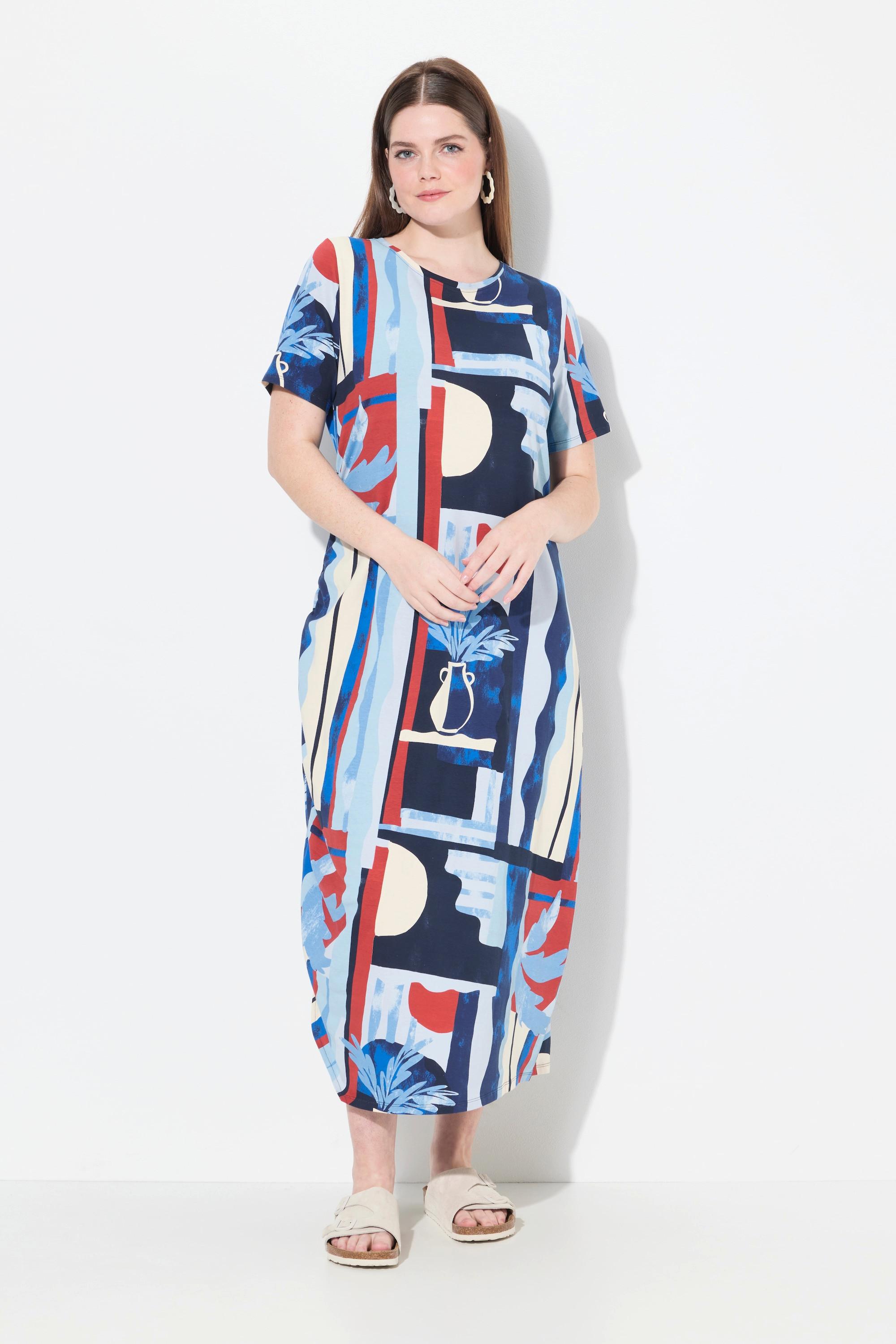 Ulla Popken Maxi Abito Stampa Vasi Girocollo Mezza Manica  