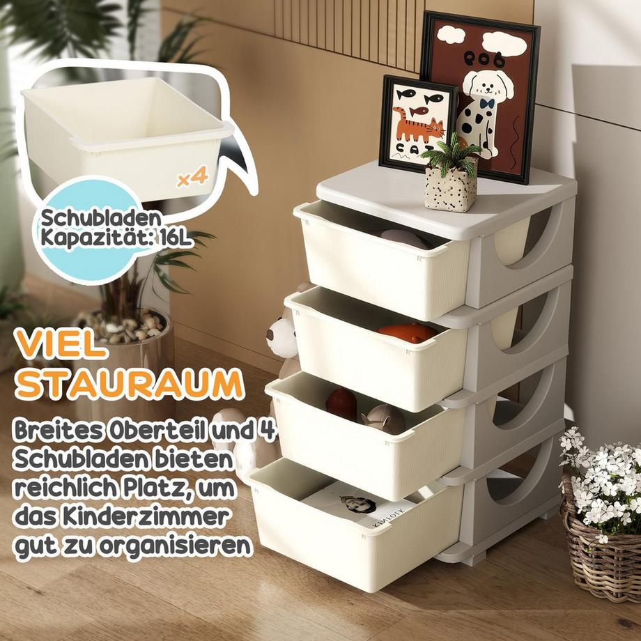 Northio Kommode für Kinderzimmer, 4 Ebenen Spielzeug Organizer, Stauraum für Spielzeug, Cremeweiß  