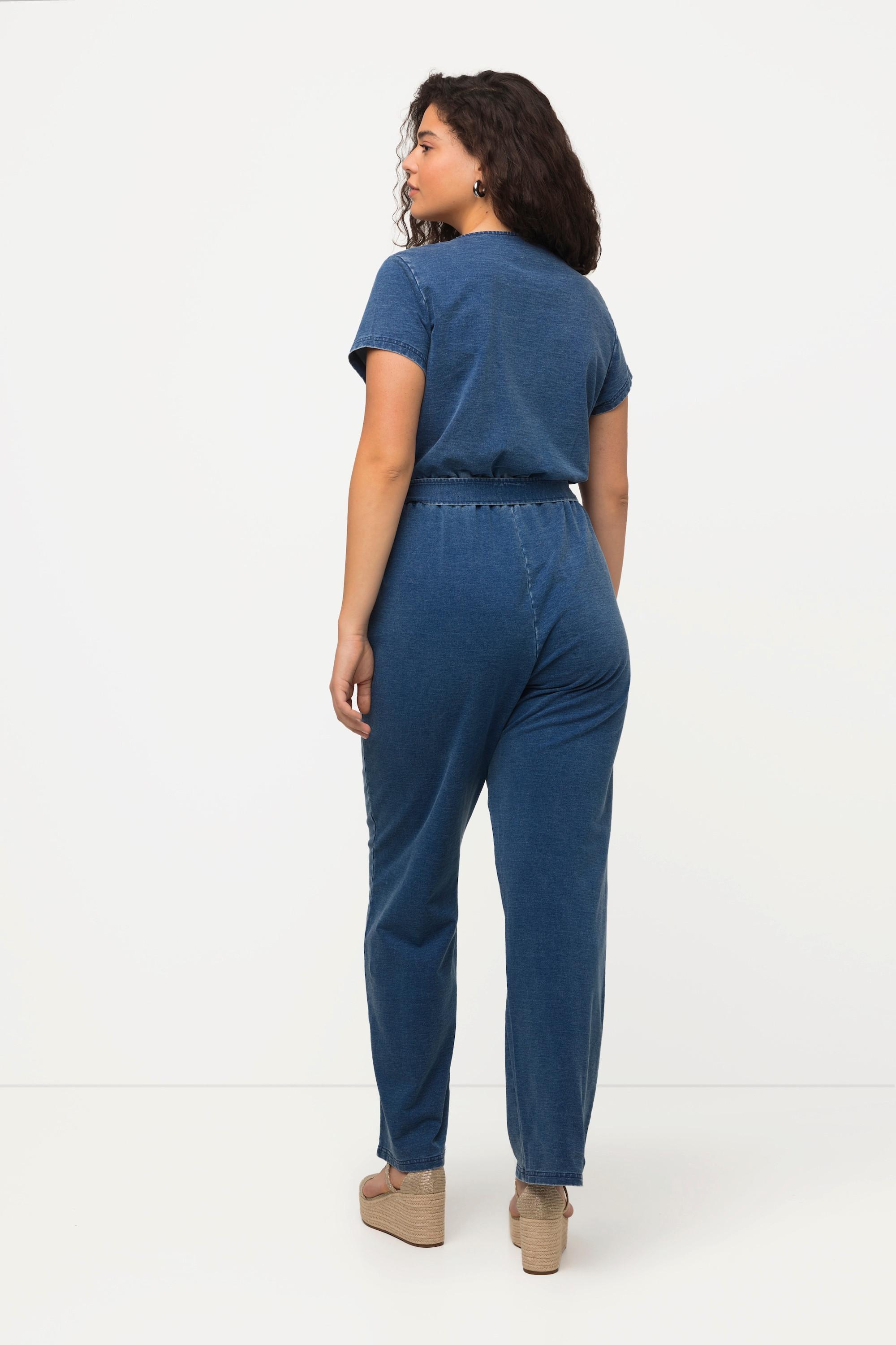 Ulla Popken Tuta di jeans Gamba Larga Scollo a V Mezze Maniche  