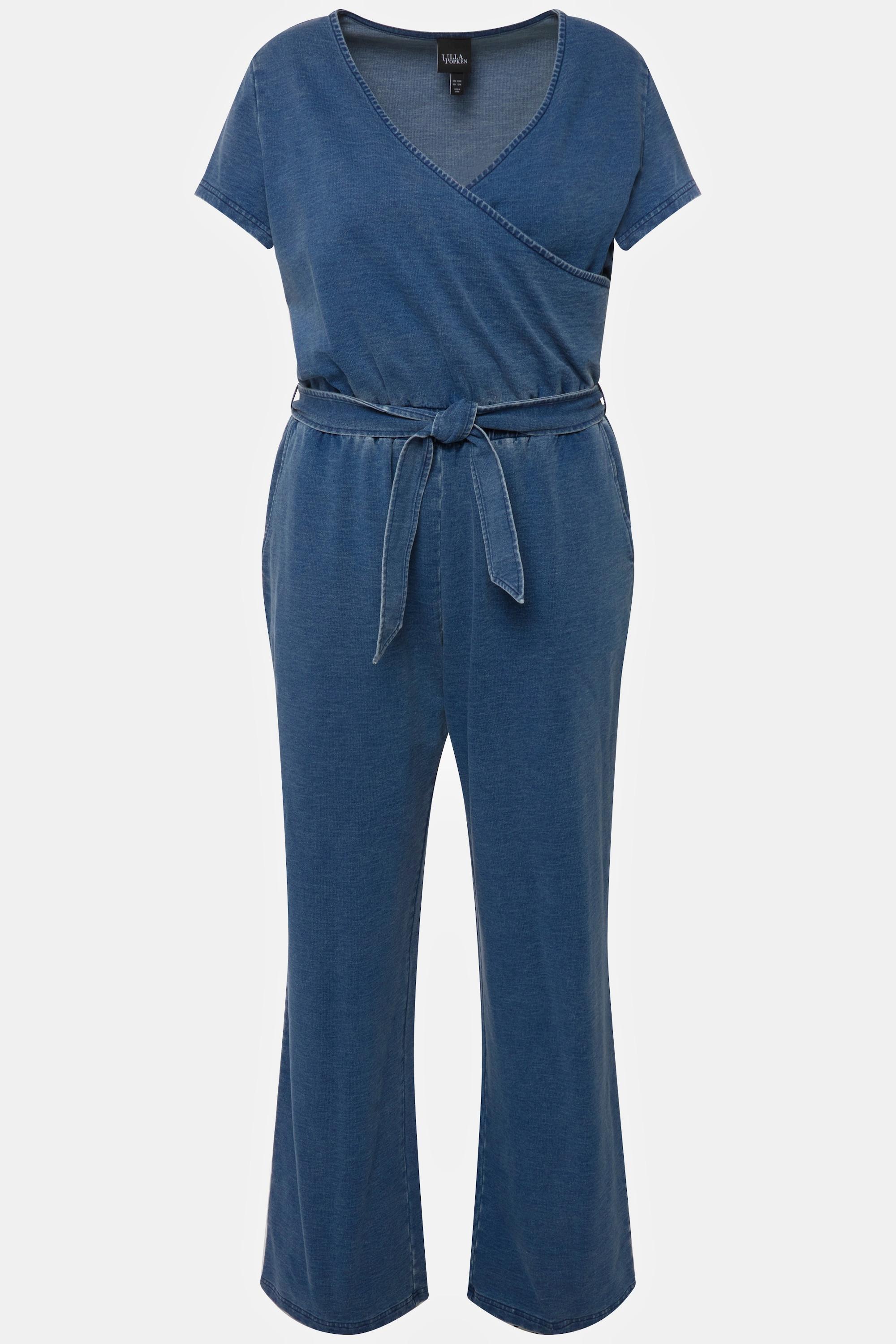 Ulla Popken Jeans-Jumpsuit Weites Bein V-Ausschnitt Halbarm  