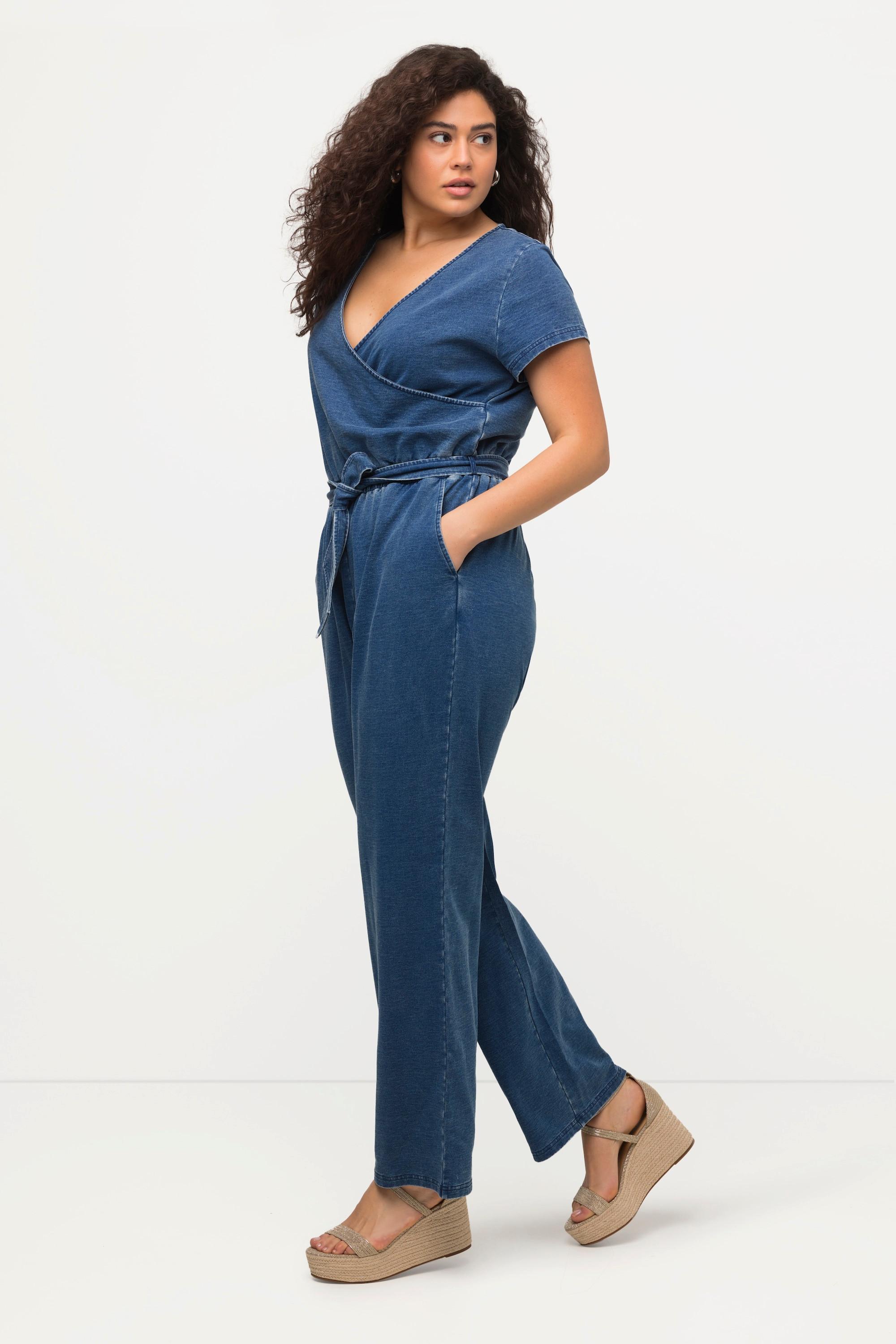 Ulla Popken Jeans-Jumpsuit Weites Bein V-Ausschnitt Halbarm  