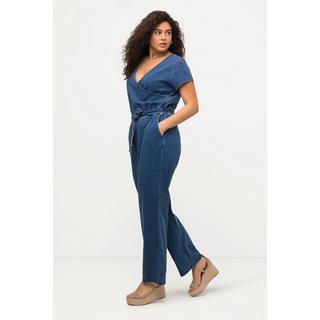 Ulla Popken Jeans-Jumpsuit Weites Bein V-Ausschnitt Halbarm  