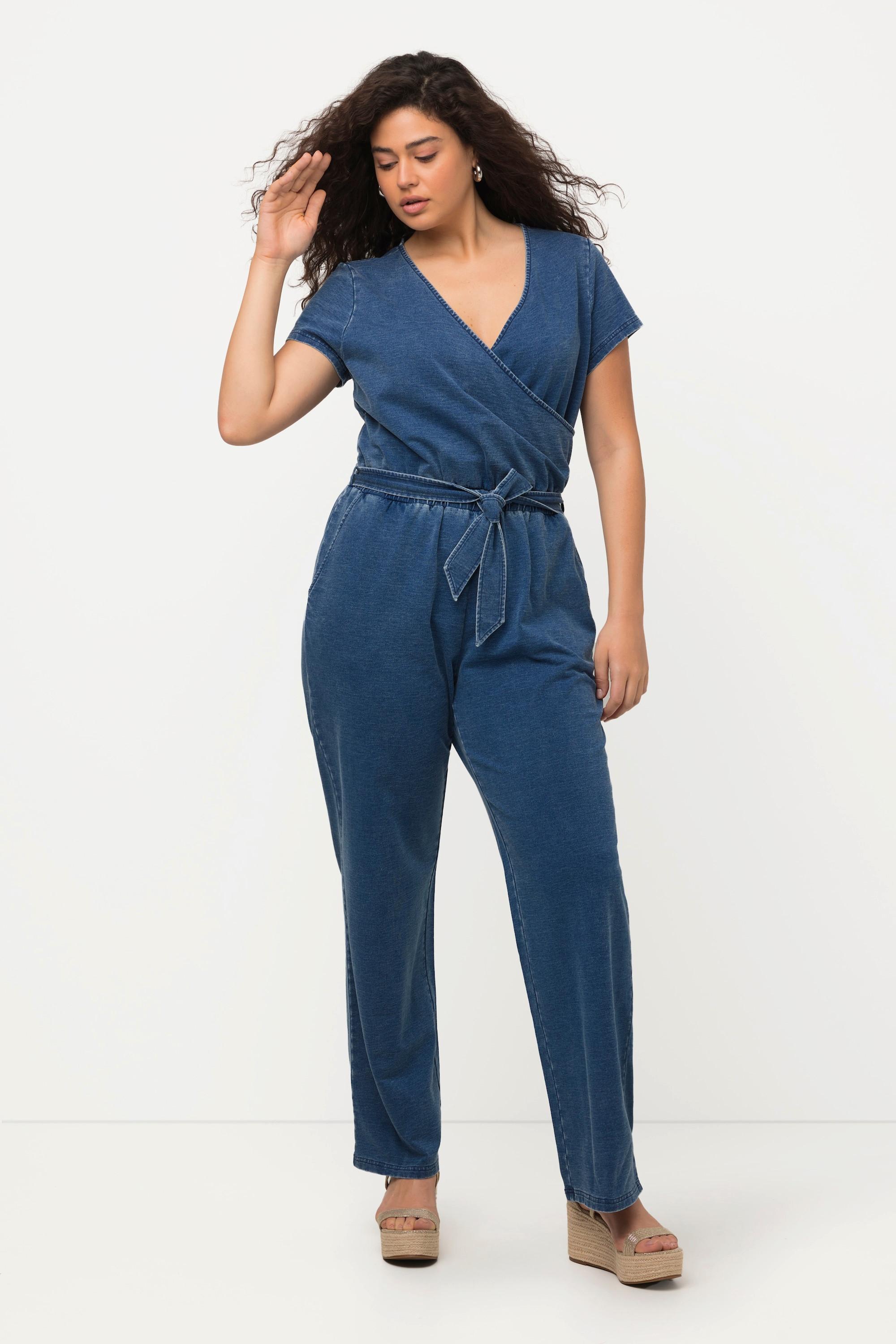 Ulla Popken Jeans-Jumpsuit Weites Bein V-Ausschnitt Halbarm  