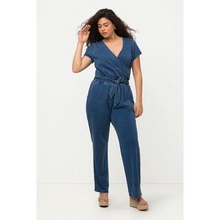 Ulla Popken Jeans-Jumpsuit Weites Bein V-Ausschnitt Halbarm  