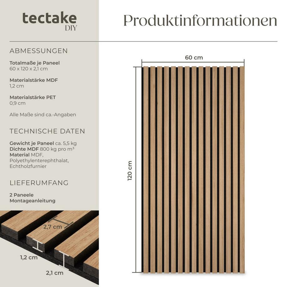 Tectake Akustikpaneele Sonic Wall Holzoptik in Eiche schallabsorbierender Filz - 2er Set  