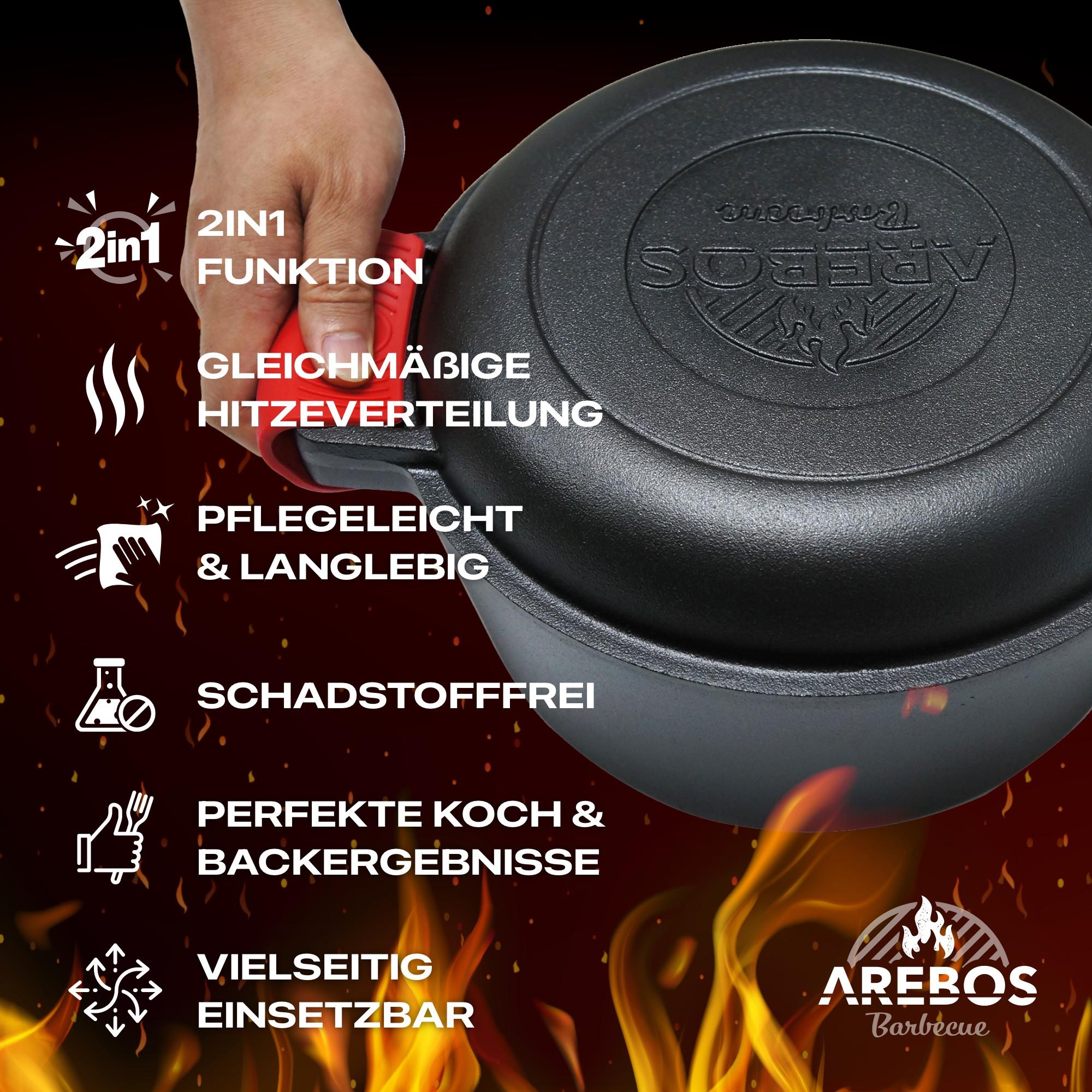 Arebos  Dutch Oven BBQ 2in1 Gusseisen Topf Schmortopf Feuertopf Kochtopf Grill 