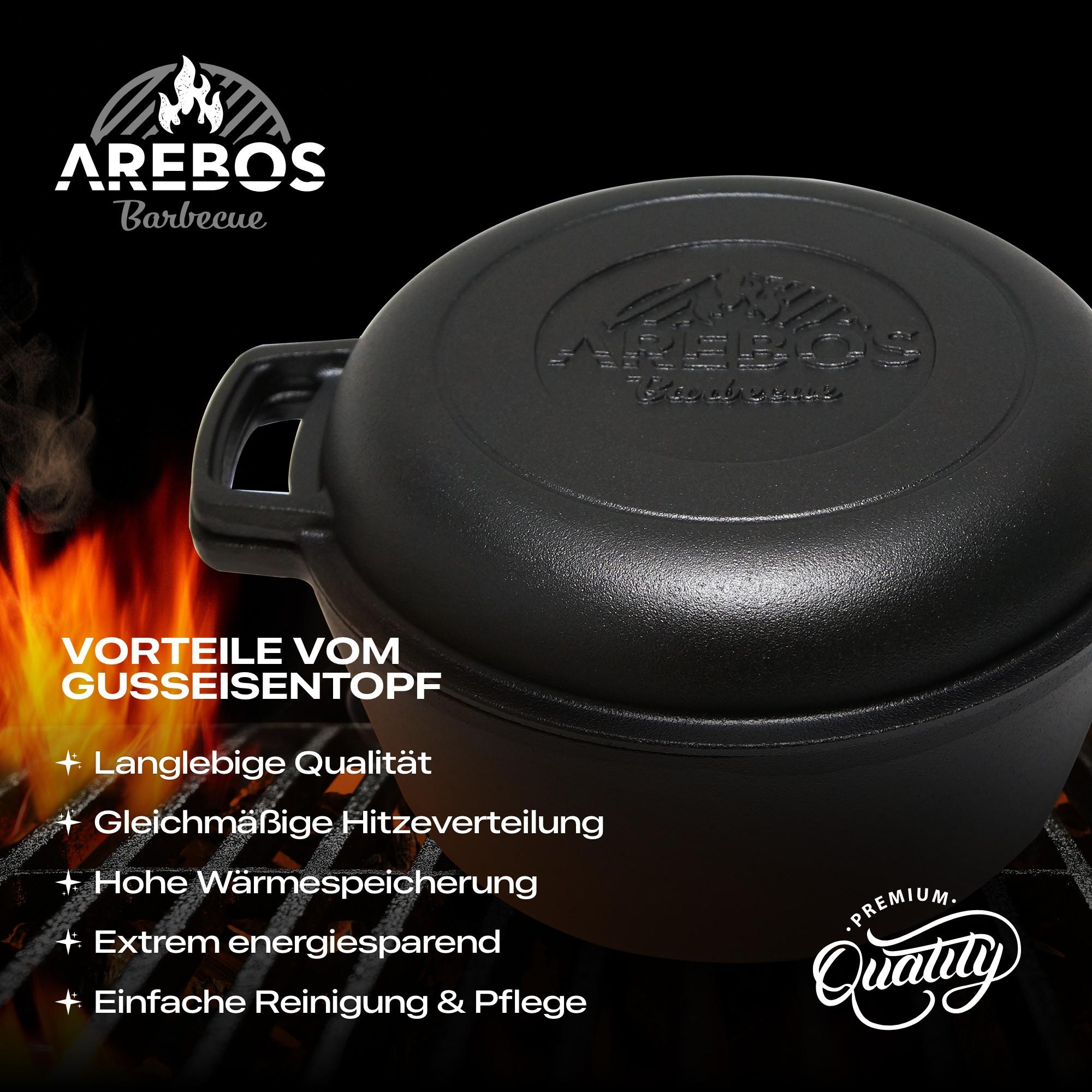 Arebos  Dutch Oven BBQ 2in1 Gusseisen Topf Schmortopf Feuertopf Kochtopf Grill 