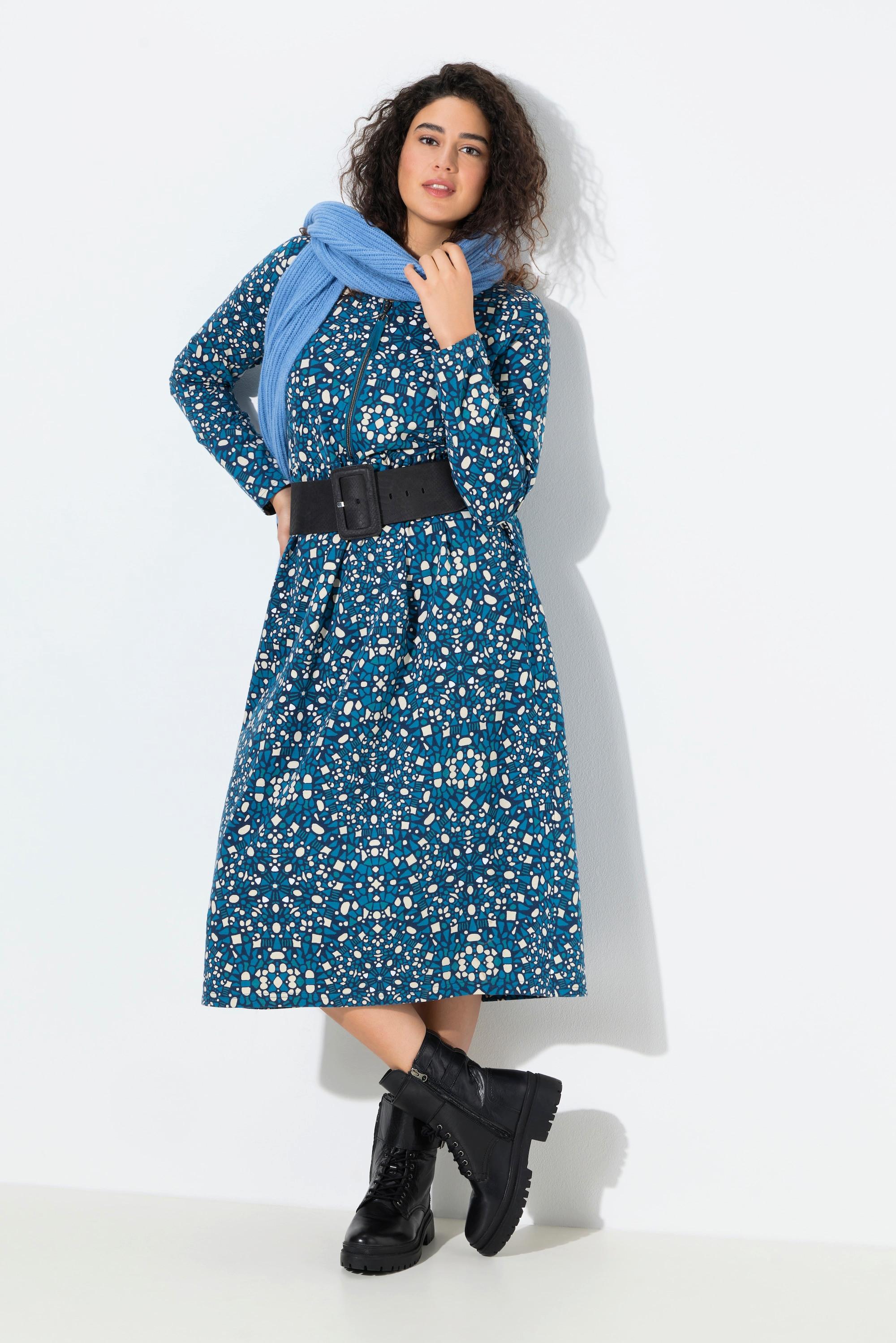 Ulla Popken Robe Midi Sweat A-Line Col Rond Manches Longues  