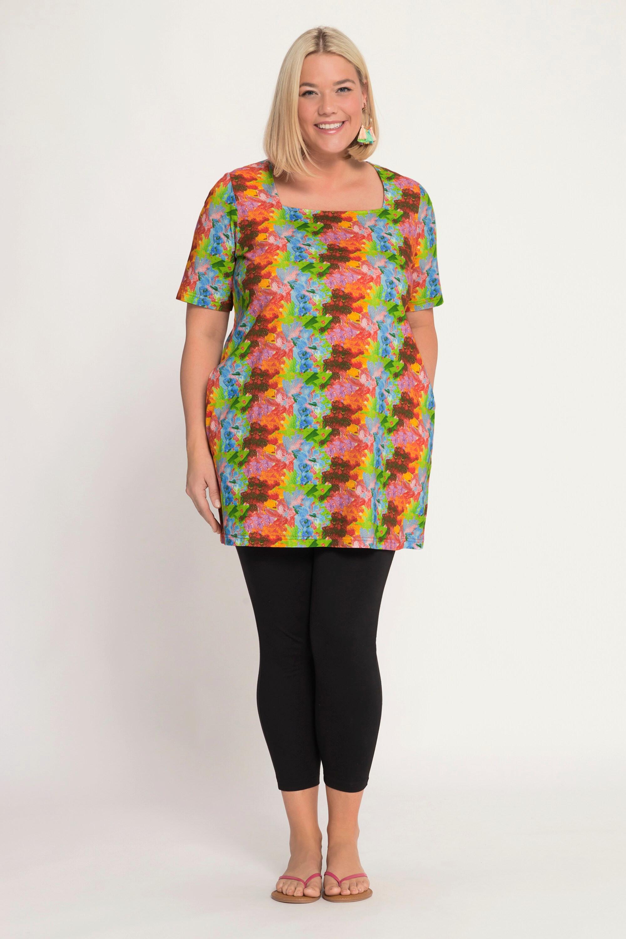 Ulla Popken  Longshirt, farbiger Print, A-Line, Carree-Ausschnitt, Halbarm 