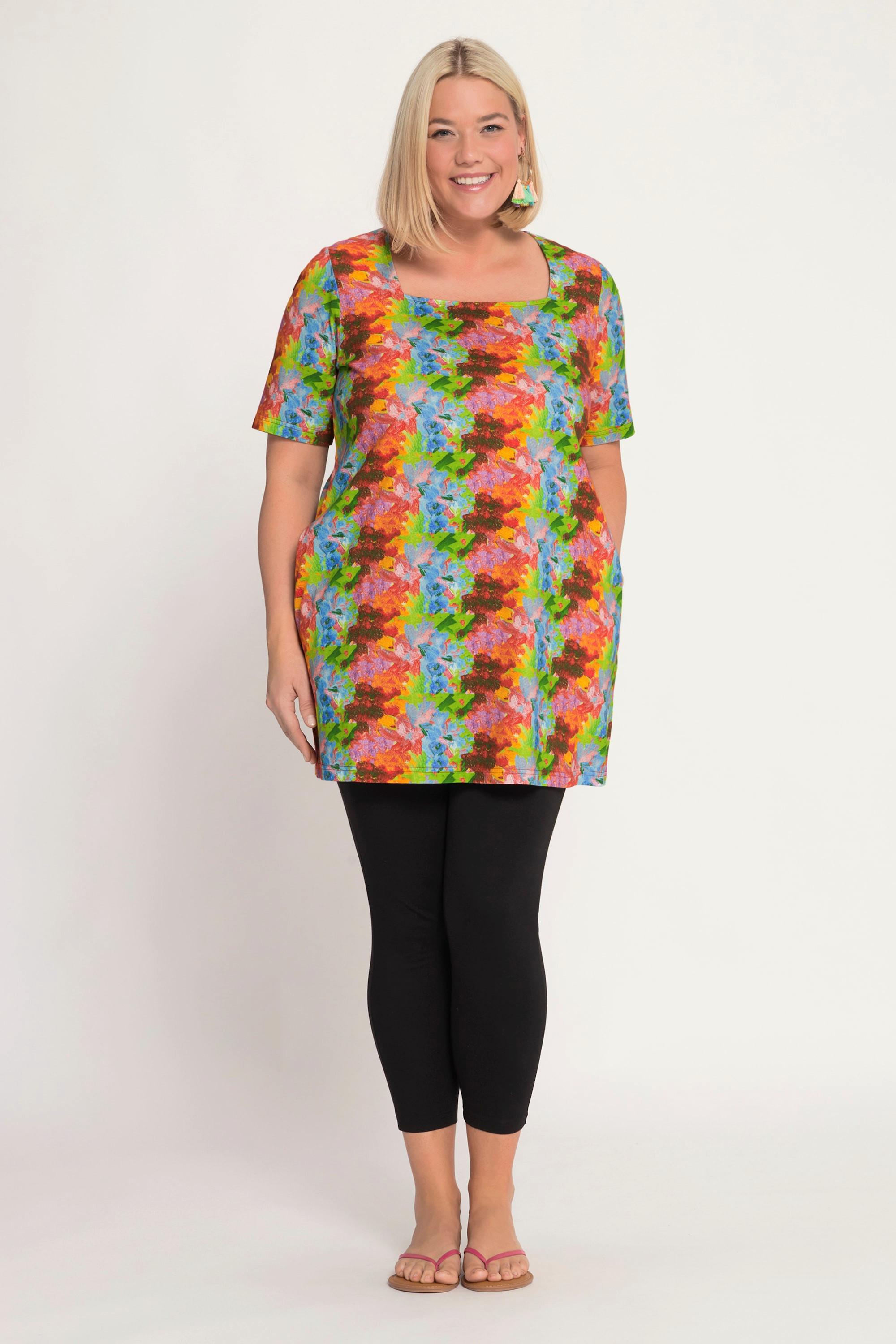 Ulla Popken  Longshirt, farbiger Print, A-Line, Carree-Ausschnitt, Halbarm 