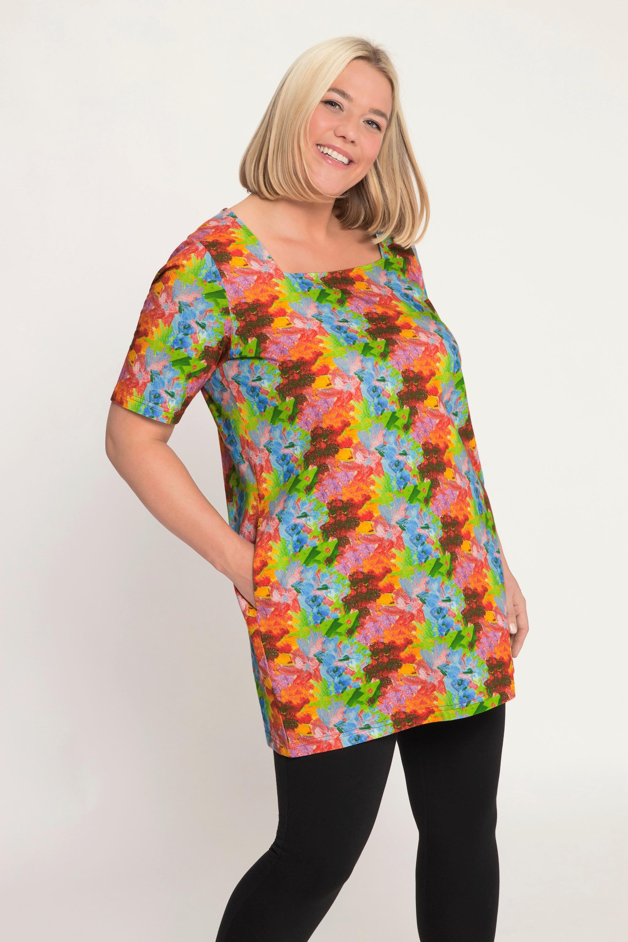 Ulla Popken  Longshirt, farbiger Print, A-Line, Carree-Ausschnitt, Halbarm 