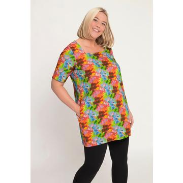 Longshirt, farbiger Print, A-Line, Carree-Ausschnitt, Halbarm