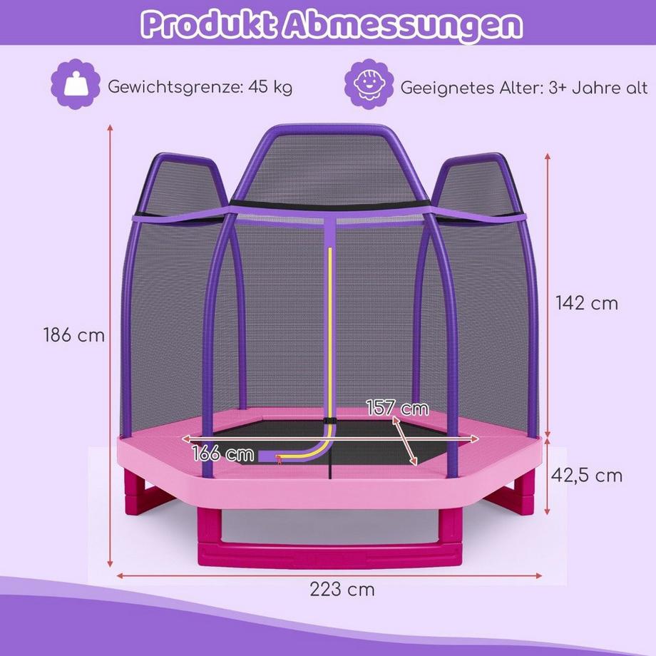 Northix  Ø223cm Gartentrampolin mit Sicherheitsnetz Indoor-/Outdoortrampolin für Kinder Rosa 