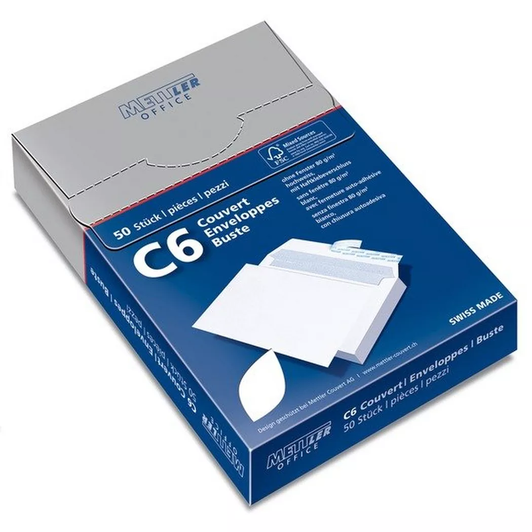 METTLER -  Couvert ohne Fenster C6 6066-80-S50 80g,hochweiss,Kleber 50 Stk.