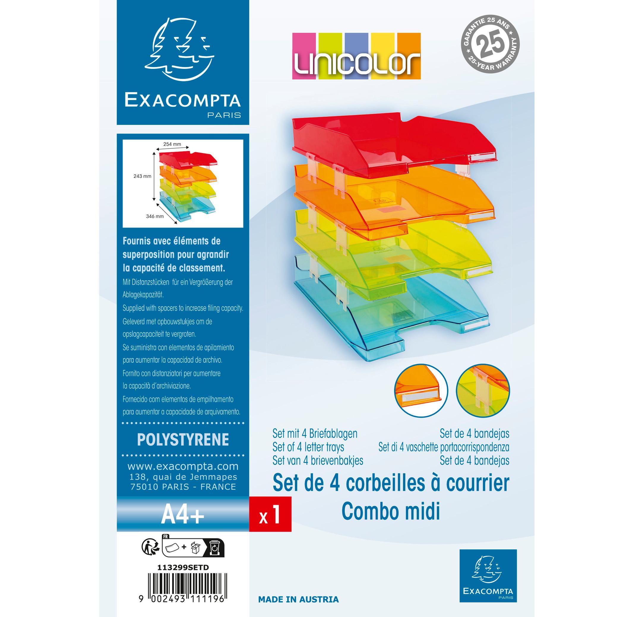 Exacompta Set de 4 corbeilles-à-courrier Combo Midi transparent Linicolor  