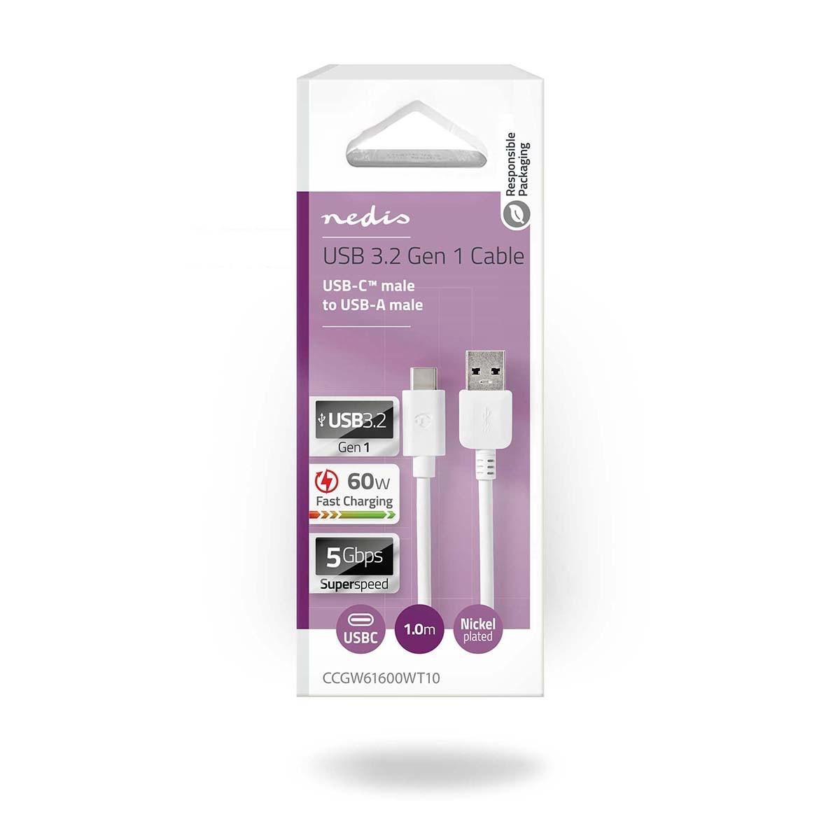 Nedis  Câble USB | USB 3.2 Gen 1 | USB-A mâle | USB-C™ mâle | 60 W | 5 Gbps | Nickelé | 1,00 m | Rond | PVC | Blanc | Boîte 
