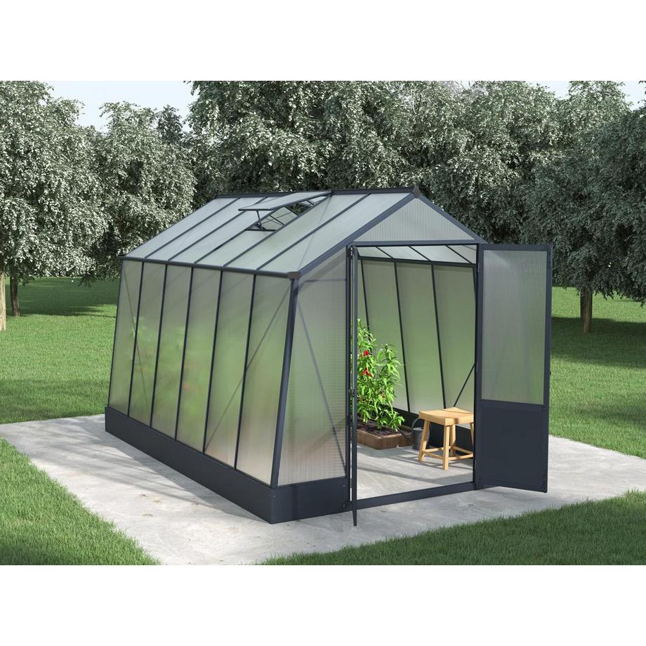Vente-unique Polycarbonat-Gewächshaus mit Sockel - 9,1 m² - Anthrazit - ASARINA  