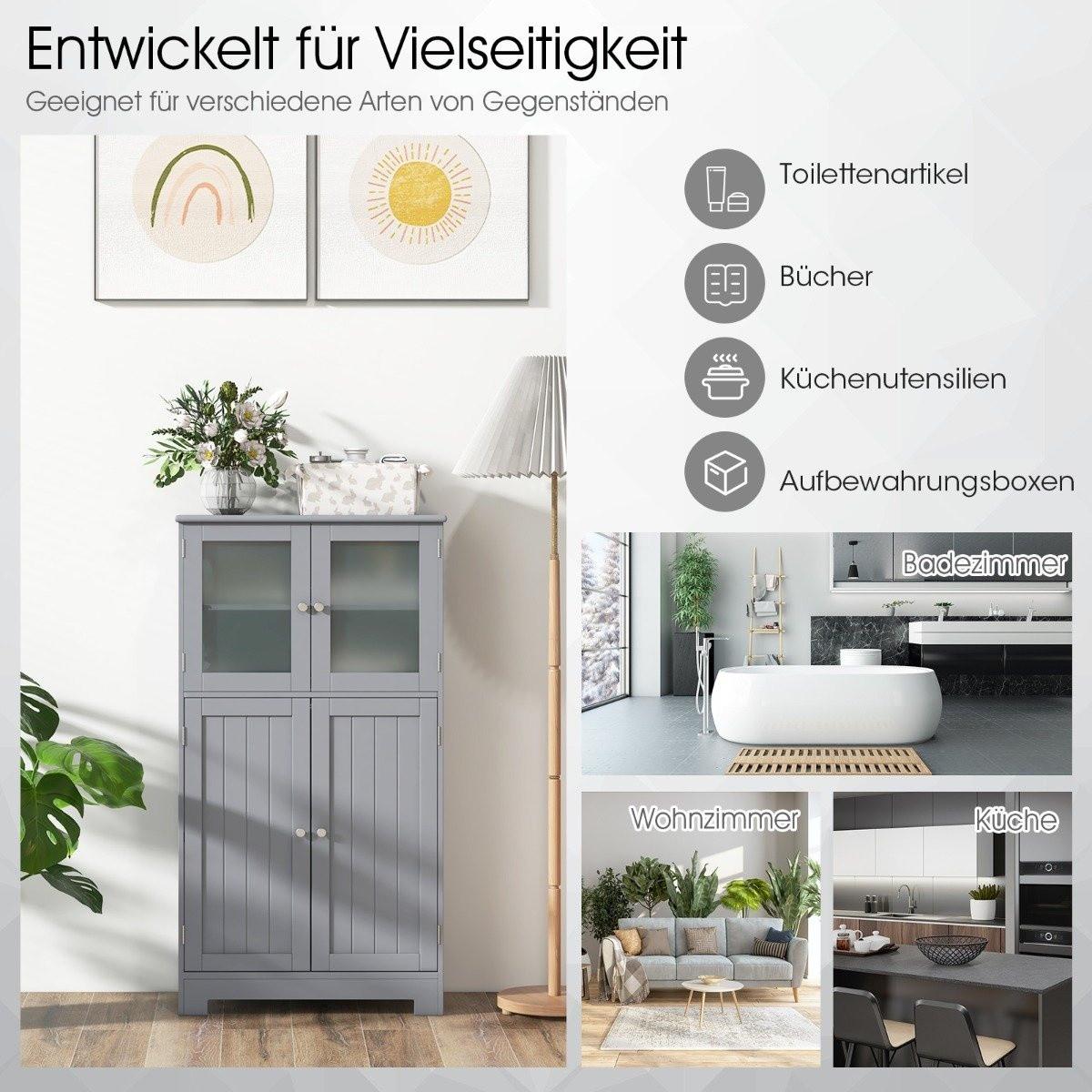 B2X 4-türiger Badezimmerschrank mit Glastüren & Verstellbarem Regal Küchenschrank Grau  
